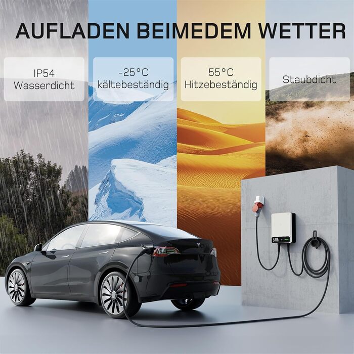 Wallbox 11 кВт з APP, кабель Type 2 7.5м з тримачем, 3-фазний зарядний пристрій для електромобілів (6-16A, 400V), BEV/PHEV, RCD Type A 30mA AC + 6mA DC, IP54, чорний. CEE 22кВт, 10м білий.