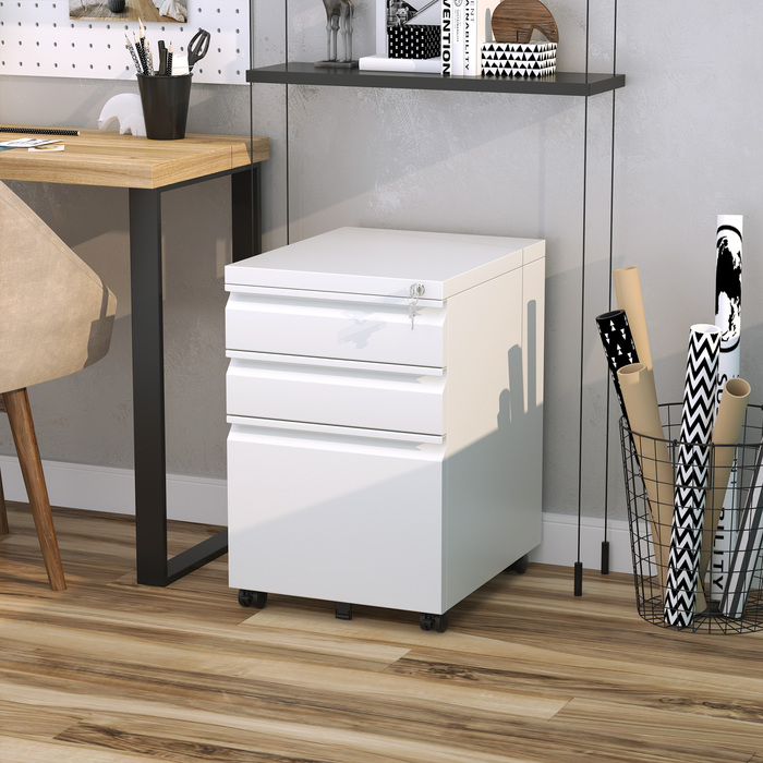 Vinsetto Rolling Storage Cabinet with 3 Drawers and Wheels, Compact Steel with Concave Handle, White 39x48x60cm
