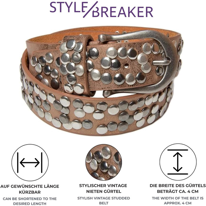 Жіночий ремінь styleBREAKER з заклепками 4 см, екошкіра, металева пряжка, вінтажний стиль для джинсів, регульований