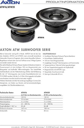 Сабвуфер AXTON ATW16 16 см для авто, 2x2 Ом, 75 Вт RMS, басовий динамік