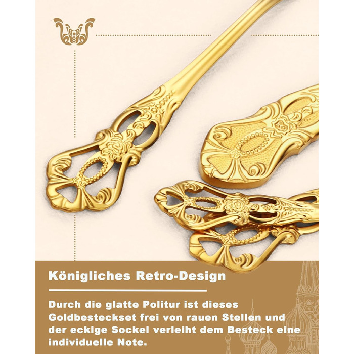 Набір столових приборів Retro Gold на 6 осіб, 24 предмети, нержавіюча сталь, античний бароковий дизайн, золотий колір