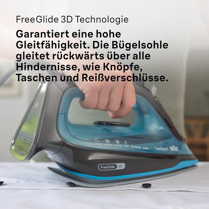 Праска з парою Braun FreeStyle 5 SI 5037 VI - потужний відпарювач з підошвою Freeglide 3D, вертикальним подачею пари, 2700 Вт, 200 г/хв, резервуар 330 мл (чорний/синій)