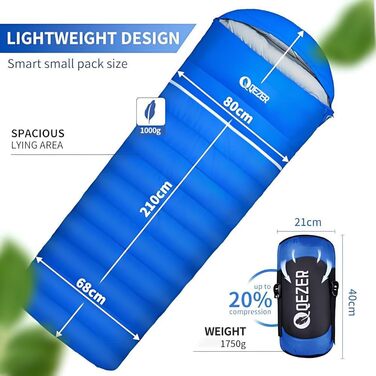QEZER Down Sleeping Bag - Winter Outdoor Sleeping Bag -8°C to -23°C | Camping, Hiking & Trekking
