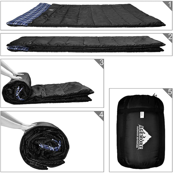 Cotton Flannel Double Sleeping Bag for Camping, Hiking, and Backpacking - Queen Size 2 Person Waterproof Sleeping Bag for Adults & Teens - Lightweight Black/Blue