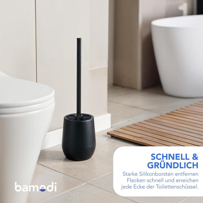 Щітка для унітазу Bamodi з підставкою - чорна, з жорсткою щетиною та довгою ручкою для ретельної та легкої очистки, ідеальна для ванної кімнати та гостьового туалету.