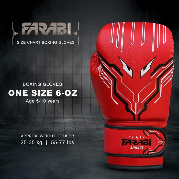Боксерські рукавички Farabi для дітей (6oz) - Червоні. Ідеальні для MMA, Муай Тай та тренувань (5-10 років)