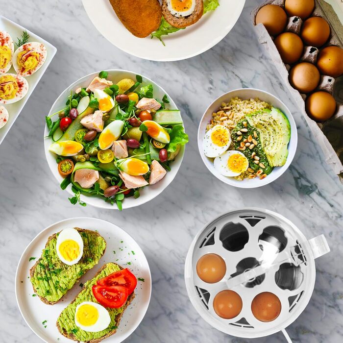 Електричний яйцеварка Duronic EB27 WE для 1-7 яєць з регулюванням ступеня готовності, таймером та захистом від перегріву, з мірним стаканчиком та знімачем яєць