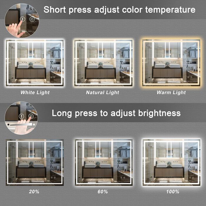 Дзеркало для ванної кімнати з LED-підсвічуванням Dripex, 50x70 см, сенсорне керування, протитуманне покриття, холодний білий світ, енергозберігаюче