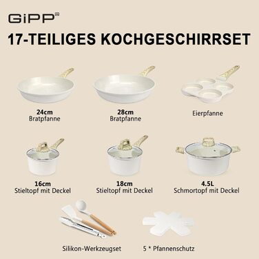 Набір кухонного посуду GiPP з кришкою, антипригарне покриття кераміки, набір каструль та сковорідок для всіх типів плит, (білий, 17 предметів)