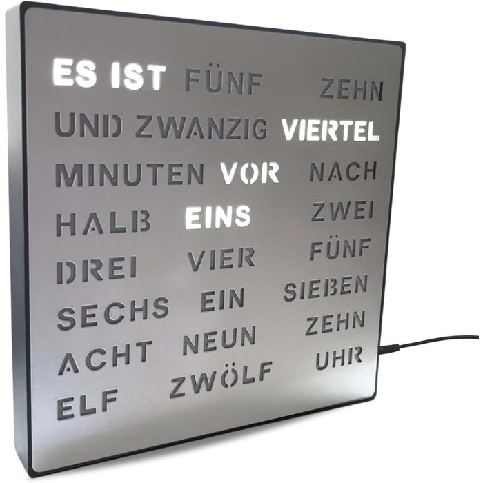 Bada Bing LED Word Clock Silver with German Word Display - elegant metal clock with USB cable wall clock modern - high-quality table clock silent for placing/hanging - decoration gift men's office living room