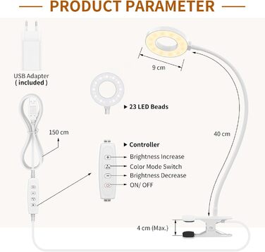 iZELL LED лампа для читання з гнучким 40см штангою, диммер, 3 режими, 10 рівнів яскравості, USB-зарядка, для читання та роботи