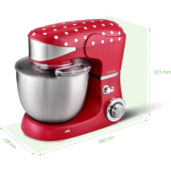 Kalorik TKG M 3014 Design Kitchen Machine with 5 Liter Stainless Steel Bowl, Die-Cast Stirring and Dough Hooks, 6 Speed Settings, Stainless Steel Whisk, Powerful 1000 Watts, Red