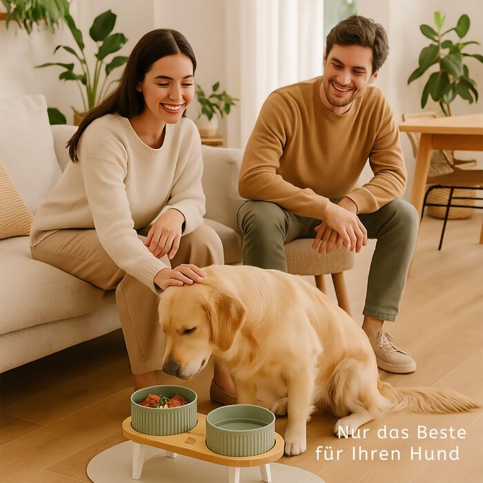Миска для собак BELMIN з підняттям – миска для води та корму для собак – піднята миска для корму для великих собак і котів – 2 регульовані висоти – миска для собак з кераміки з бамбуковим підставкою – неслизький килимок