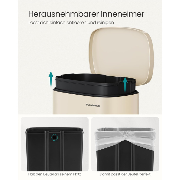 Відро для сміття SONGMICS 50 л з педаллю, нержавіюча сталь, з м'яким закриттям, для кухні (пісочний беж)