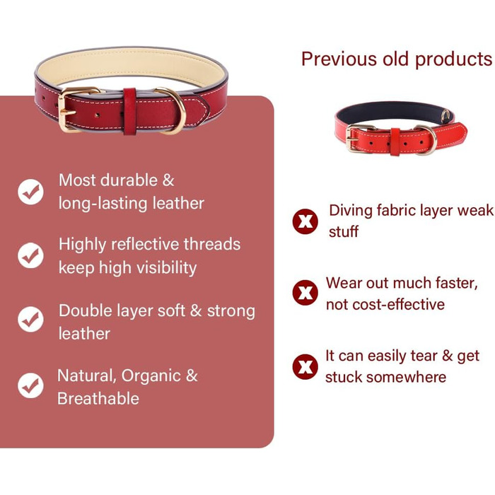 Відбиваючий поводок для собак, регульований, м'який, для малих, середніх та великих собак (довжина 46-56 см), червоний, S