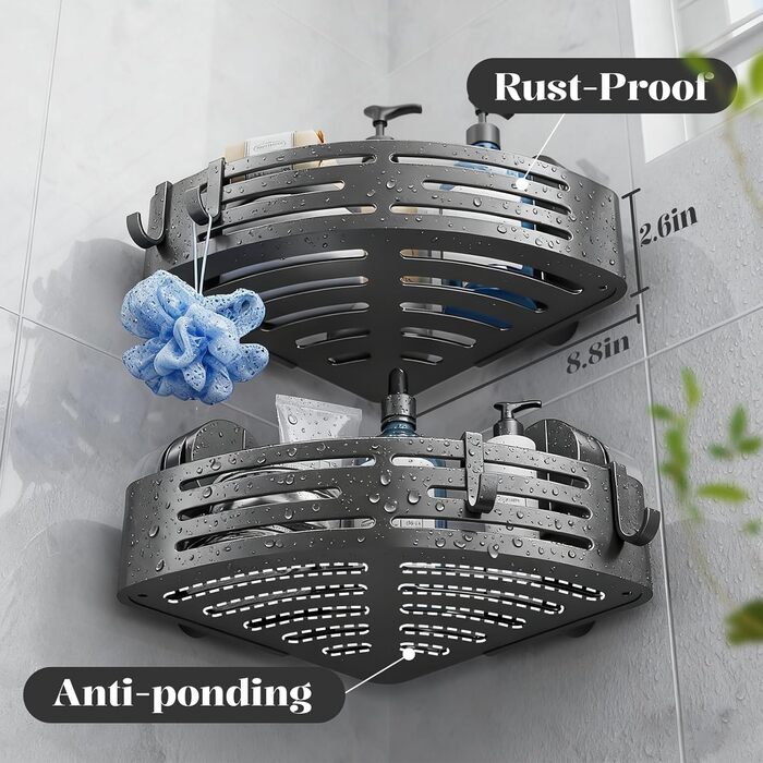 Поличка для душу ONXE на присоску, без свердління, кутова, з гачками, з нержавіючої сталі, водонепроникна, з алюмінію, для зберігання у ванній кімнаті