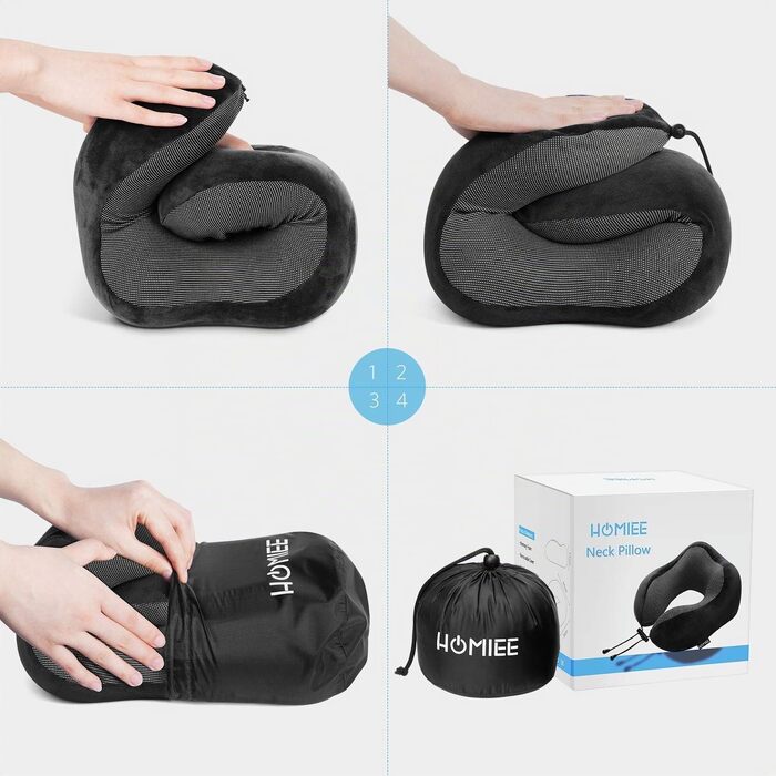 Ортопедична подушка для подорожей HOMIEE з ефектом пам'яті (Memory Foam), ергономічна підтримка шиї для літака, авто та офісу, чорна