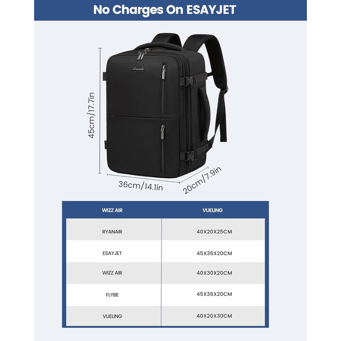 LOVEVOOK Рюкзак для подорожей, ручна поклажа, 40x30x20 см, 24л, для ноутбука 14/15.6 дюймів, чорний