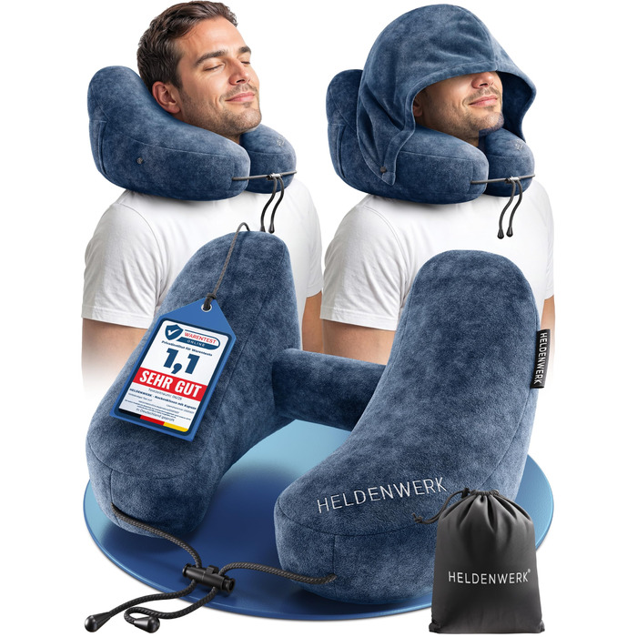 Подушка для шиї HELDENWERK® Air: 5 положень, швидка підкачка, регулювання тиску, знімний капюшон, для подорожей (літак, авто), темно-синій, великий розмір