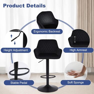 Ralex Velvet Bar Stools 2-Pack - Adjustable Swivel Bar Chairs with Backrest & Armrests for Kitchen, Bar & Counter - Black