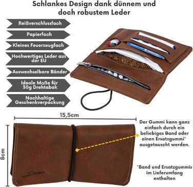 SIMARU Leather Tobacco Pouch for 30g Tobacco Bag, Roller Pouch made of Genuine Leather with Filter Compartment & Rolling Paper Holder (Brown)