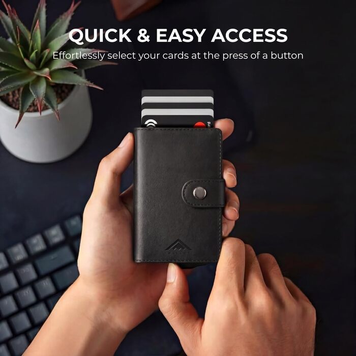 Гаманець чоловічий RFID Stealth Wallet - мінімалістичний висувний картхолдер з алюмінію та шкіри (чорний). Захист від сканування карт