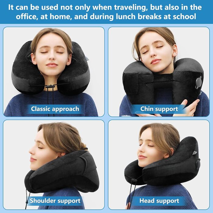 Подушка для шиї у вигляді літака, надувна туристична подушка для подорожей, авто, офісу (чорна)