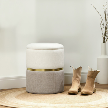 HOMCOM Storage Ottoman with Lid, Metal Ring, Two-Tone Design Round Footstool Upholstered Ottoman, Chenille 36 x 36 x 44 cm Cream White | Aosom