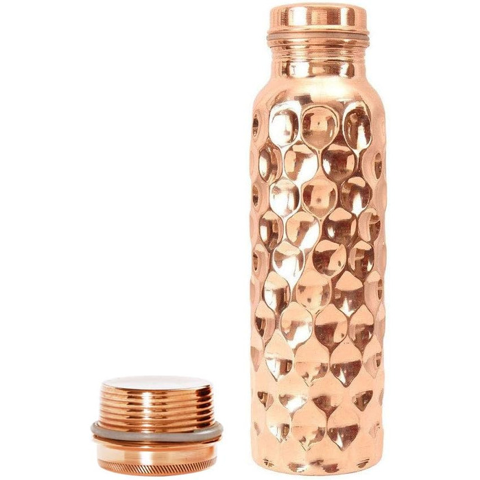 Copper water bottle with diamond cut design, leak-proof, Ayurvedic drinking vessel, copper flask for sports, gym, outdoor activities, yoga