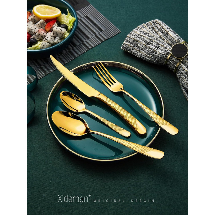 Набір столових приборів 24 предмети з нержавіючої сталі 18/10, золотий колір, на 6 осіб: ніж, виделка, ложка, з двостороннім зазубреним лезом, для посудомийної машини