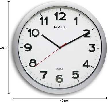 Maul Wanduhr MAULstep Ø 40 cm | Quartz clock with automatic time setting | Modern clock for office and kitchen | Large wall clock with good readability in large rooms | Silver