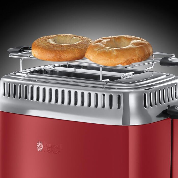 Russell Hobbs Toaster [for 2 slices] Retro Stainless Steel Red (Retro-style countdown display, includes bread roll attachment, 6 browning levels + defrost & reheat function, 1300W) Vintage 21680-56