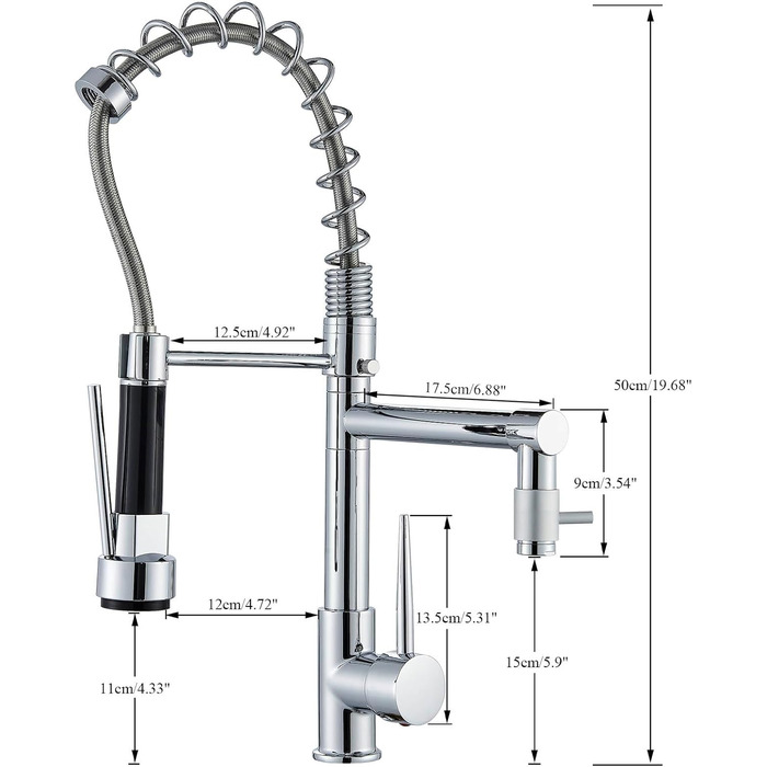 Кухонний змішувач з гнучким виливом, 360° поворот, 2 виходи, високий вилив, душова лійка, для мийки, брашований нікель