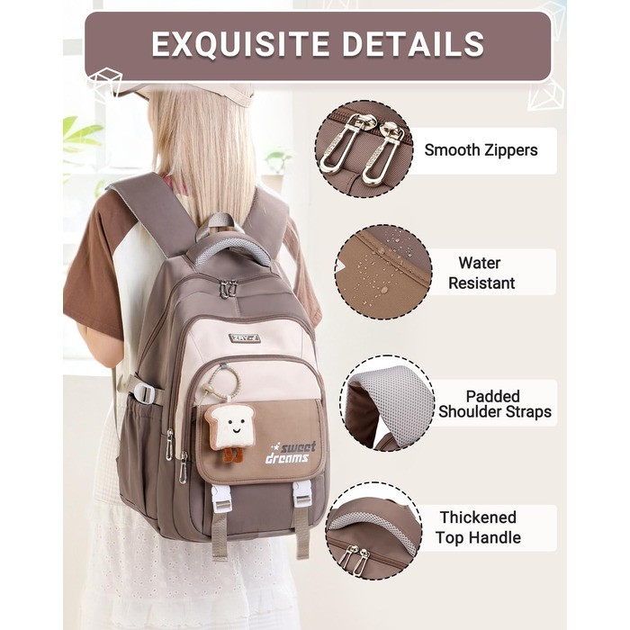 Дитячий рюкзак для дівчаток 2-10 класів, 32L | Легкий, з дихаючою спинкою та м'якими лямками | Рюкзак у школу для підлітків 8+ років (Хакі)