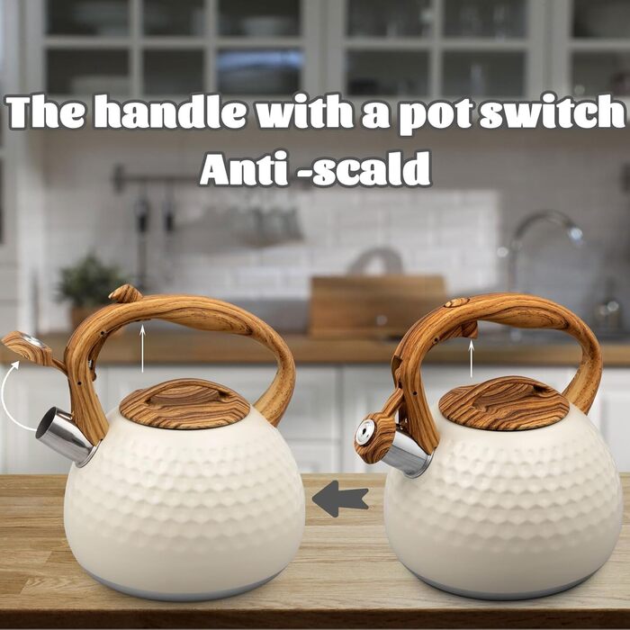 Чайник для плити, 3 л, нержавіюча сталь, з ручкою з деревом, чайник-свисток для індукційних, газових та електричних плит (білий)