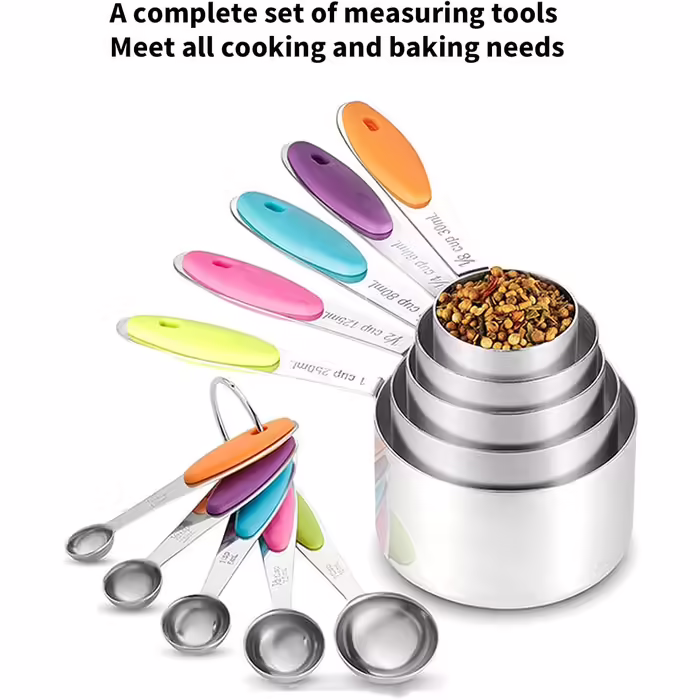 Measuring Spoon Set, 10-Piece Measuring Cup and Spoon Set, Stainless Steel Measuring Spoons with Silicone Handles, Durable Stackable Measuring Cup and Spoon Set for the Kitchen