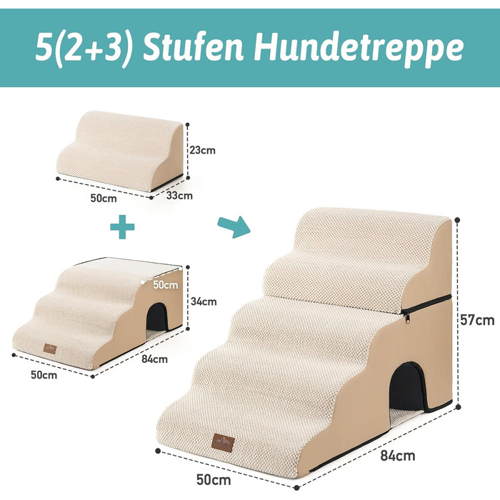 Dog Stairs for Small Dogs, Pet Stairs for Loft Bed made of High-Density Foam, Dog Stairs Dog Ramp with Washable Cover (83x50x57cm-Hole, 5.0) (Beige)