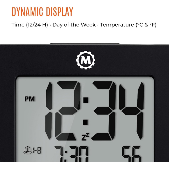 Marathon Alarm Clock | Digital Clock with Date, Temperature, and Calendar | Dual Alarm with Snooze Function and 7 Language Options | Backlit