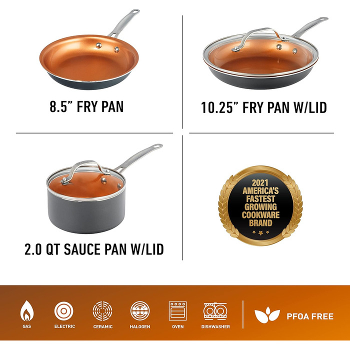 Gotham Steel 5-Piece Kitchen Essentials Cookware Set with Ultra Non-Stick Copper Coating, Dishwasher Safe, Cool-Touch Handles - Includes Frying Pans, Stock Pot, and Glass Lids