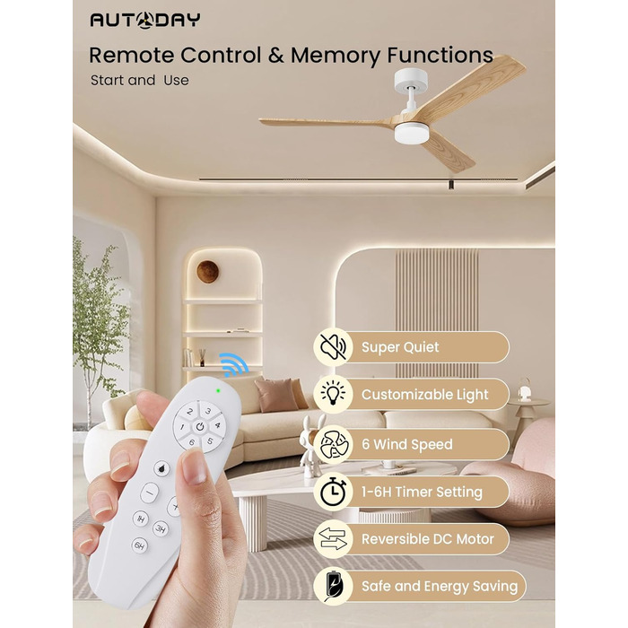 Стеляний вентилятор Holz з підсвічуванням, тихий DC-двигун, 90 см, для вулиці, 3 дерев'яні лопаті, регульоване LED-освітлення 24W, пульт з пам'яттю, 6 швидкостей, таймер (дерево, 52 дюйми)