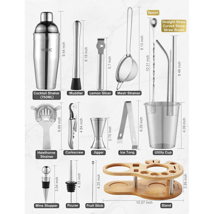 Набір для коктейлів YISSVIC 22 частини: шейкер, мірні склянки, ложка, наливник, підставка з бамбука. Подарунок для професіоналів та початківців