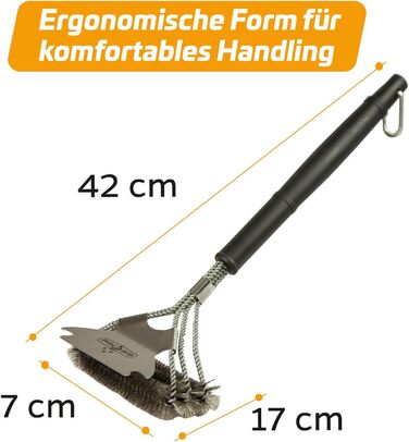 3X Grillfürst Premium Grill Brush with Brass Bristles, 45 cm - Grill Cleaning Brush for Grill Grate, Grill Grate Brush with wide 3-fold brush head and scraper (2x stainless steel with scraper)