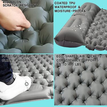 Double Camping Sleeping Pad - Inflatable, Self-Inflating, Ultra-Thick for 2 People with Pillow & Foot Pump - Hiking & Portable