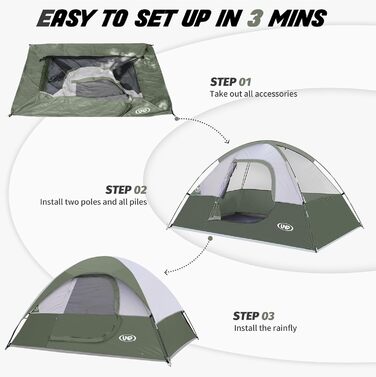 Намет кемпінговий 3-місний UNP Campingzelt: Водонепроникний, вітростійкий, з захистом від дощу, легкий у встановленні, купольний (Світло-зелений)