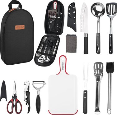 Набір кухонного приладдя для кемпінгу ISFORU 12шт: сковорода, ніж, лопатка, щипці, шумовка, дошки для нарізання. Чорний колір. Ідеально для пікніків, подорожей та походів