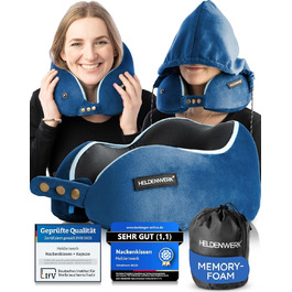 Подушка для шиї Comfy від HELDENWERK: Memory Foam, 6-позиційний регулятор, для подорожей літаком/автомобілем, дихаюча, миється, Navy Blue