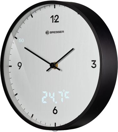 Bresser MyTime Wall Clock with Radio Control, No Ticking Sound, 24 cm Dial, LED Second Display, Indoor Temperature, and Silent Radio Movement, (White)