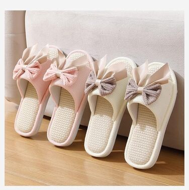 Тапочки жіночі домашні з льону, дихаючі, антиковзкі, з бантиком, м'які, відкриті, для дому, рожеві, 40/41 EU