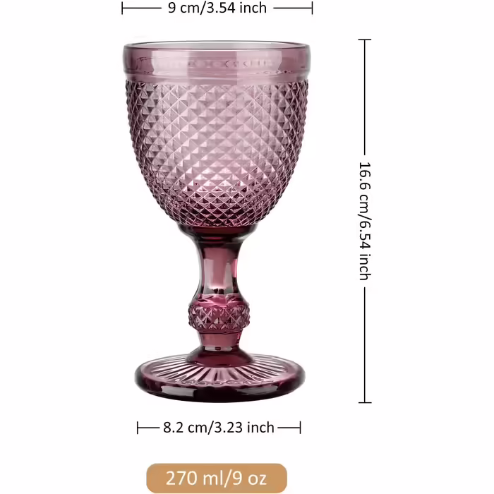 Joeyan 270ml Violet Vintage Wine Glasses with Diamond Relief, Colorful Goblet Glasses Wine Cup Set for Wine Juice Drinks, Set of 4 Retro Drinking Glasses with Stem, Dishwasher Safe