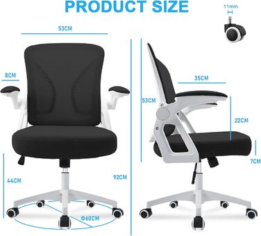 Офісний стіл з регульованими підлокітниками, ергономічний крісло з сітчастою спинкою, підтримкою попереку, регульованою висотою, м'яким сидінням, поворотним на 360°, (білий)